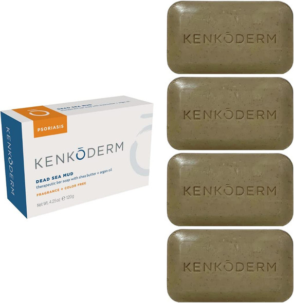 Kenkoderm Psoriasis Dead Sea Mud Soap with Argan Oil  Shea Butter 4.25 oz  4 Bars  Dermatologist Developed  Fragrance  Color Free  Eczema Psoriasis and Rosacea