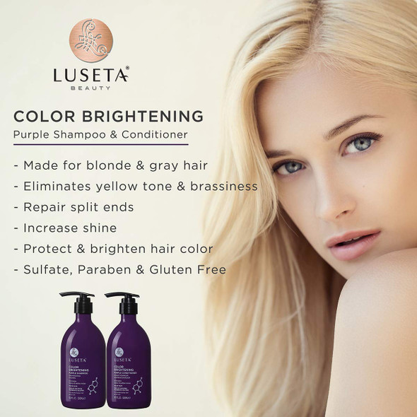 Luseta Purple Shampoo and Conditioner Set for Blonde Gray  Color Treated Hair  Sulfate Free Paraben Free  Infused with Cocos Nucifera Oil for Curly and Damaged Hair  2x16.9oz