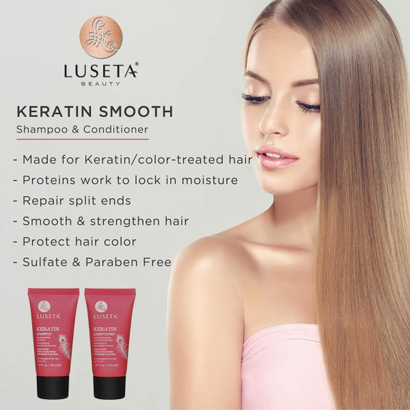 Keratin Smooth Shampoo  Conditioner Set for Straight and Wavy Hair Travel Kit 2 x 1.01oz