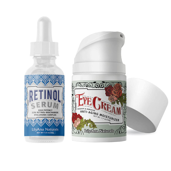 LilyAna Naturals Eye Cream 1.7 Oz and Retinol Serum 1oz Bundle  Serum for effective treatment of dark spots and acne scars and and Anti Aging Under Eye Cream for Dark Circles and Puffiness