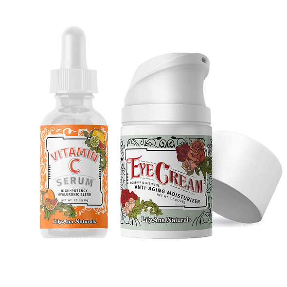 LilyAna Naturals Eye Cream 1.07 oz and Vitamin C Serum 1 oz Anti Aging Bundle  Face Serum Reduces Age Spots and Sun Damage and Under Eye Cream for Dark Circles and Puffiness