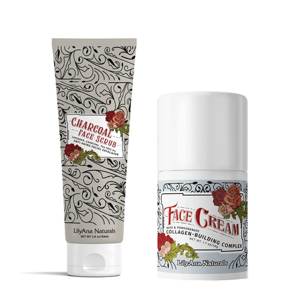 LilyAna Naturals Charcoal Face Scrub 3 Oz and Face Cream 1.7 Oz Bundle  AntiAging Facial Exfoliator and Face Cream Face Moisturizer For Dry Skin Rose and Pomegranate Extracts  for Women and Men
