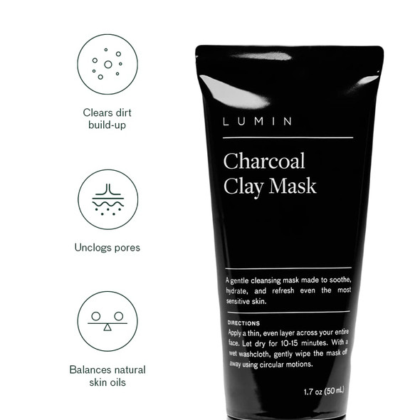 Lumin  Charcoal Clay Mask  Skin Care for Men  Prevent Blackheads Shrink Pore Appearance Minimize Oil  Made with Kaolin and Bentonite Clay  Gentler Than Pore Strips  1.7 oz