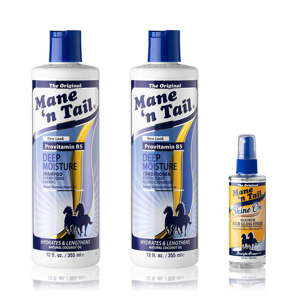 Mane n Tail Deep Moisture Shampoo  Conditioner 12 Ounce Each  Shine On 4 Oz For Distressed Hair Kit Repairing Shampoo and Shine Spray For Healthy Hair