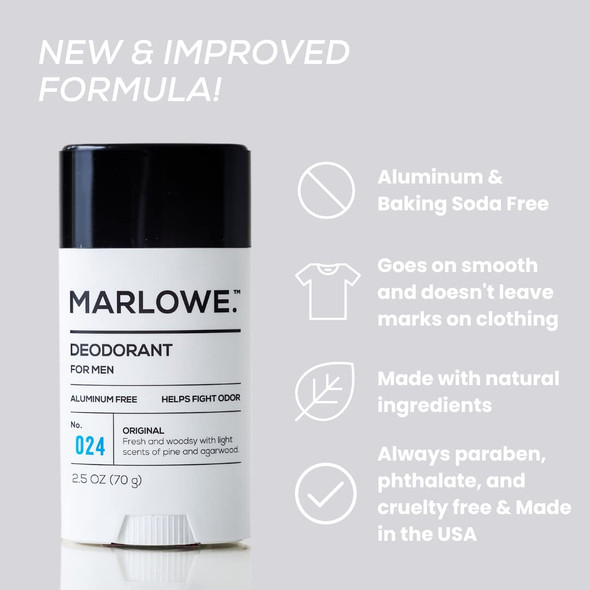 MARLOWE. No. 024 Natural Deodorant for Men 2.5oz  Aluminum Free Stick  Made with Coconut Oil Shea Butter Jojoba  Only NoNonsense Ingredients that Work Best  Fresh  Woodsy Scent