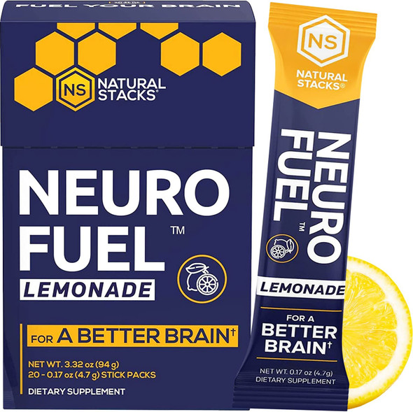 Natural Stacks NeuroFuel Lemonade  Energy Powder Drink  Nootropic Supplement  Patented Formula  Brain Booster Supplement for Focus Memory Clarity Energy  4.7g Drink Powder Sticks Pack of 20
