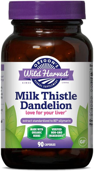 Oregons Wild Harvest Certified Organic Milk Thistle Dandelion Capsules 80 Silymarin Burdock and Artichoke 90 Ct