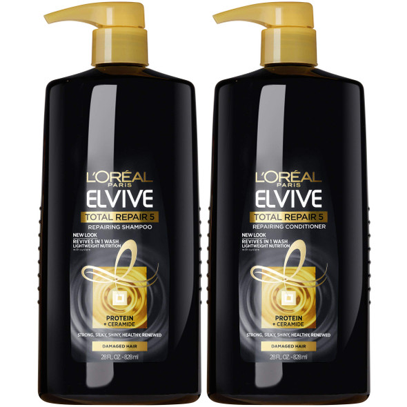 L'Oreal Paris Elvive Total Repair 5 Repairing Shampoo and Conditioner for Damaged Hair, Shampoo and Conditioner Set with Protein and Ceramide, 1 kit