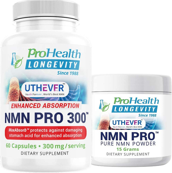 ProHealth Longevity NMN Pro Bundle  Uthever Brand NMN  1 Bottle 300 mg per 2 capsule serving 60 capsules  1 Jar 15 grams  Worlds most trusted ultrapure stabilized pharmaceutical grade NMN