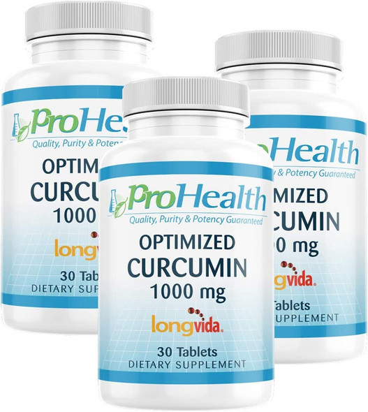 ProHealth Optimized Curcumin Longvida 3Pack 1000 mg 30 Tablets 3Bottles 285x More Bioavailable  Joint Health  Cognition  AntiInflammatory  Antioxidant Supplement