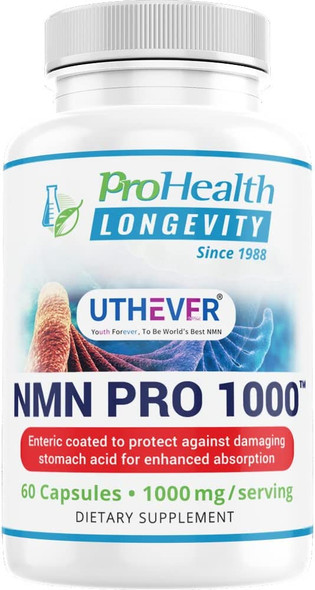 ProHealth Longevity NMN Pro 1000 Enhanced Absorption  Uthever Brand  Stabilized UltraPure Pharmaceutical Grade NMN to Boost NAD 60 Capsules 1000 mg per 2 Capsule Serving