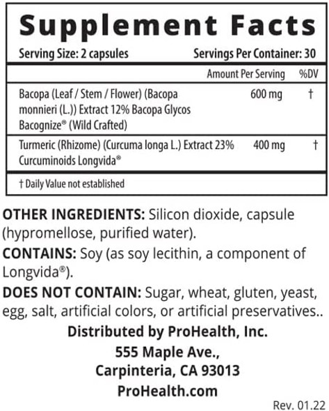 ProHealth 2Pack Brain  Focus  Optimized Curcumin Longvida with BaCognize Bacopa Monnieri 60 Veggie Capsules