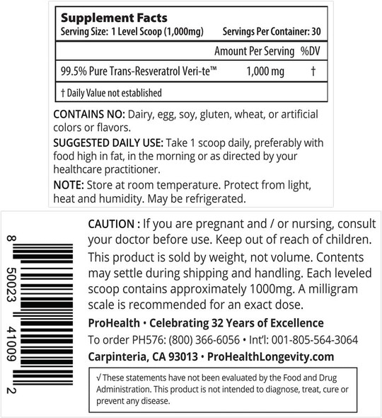 ProHealth Longevity Micronized Trans Resveratrol Powder 30 Grams  98 Pure Pharmaceutical Grade 1000 mg per Scoop Superior Absorption and Bioavailability