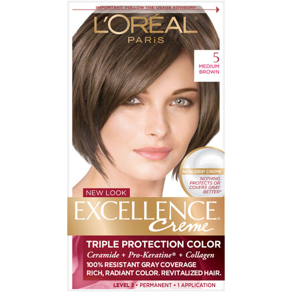 L'Oreal Paris Excellence Creme Permanent Hair Color, 5 Medium Brown, 100 percent Gray Coverage Hair Dye, Pack of 1