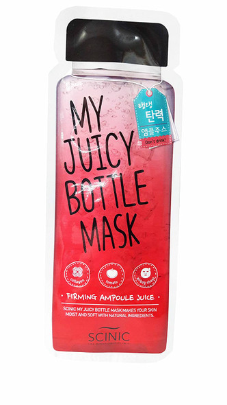 4 Mask sheets of Scinic My Juicy Bottle Mask Firming Ampoule Juice Facial Mask. Makes your skin elastic and radiant with collagen and pomegranate extract. 20 Ml Essence/sheet