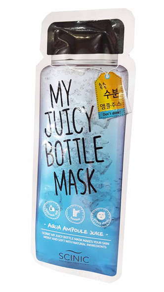 4 Mask sheets of Scinic My Juicy Bottle Mask Aqua Ampoule Juice Facial Mask. Provides moisture and softens skin with hyaluronic acid and bamboo extract. 20 Ml Essence/sheet