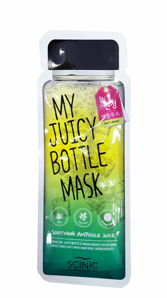 4 Mask sheets of Scinic My Juicy Bottle Mask Soothing Ampoule Juice Facial Mask. Containing soothing and takes care of tired skin with tea tree and aloe vera extracts. 20 Ml Essence/sheet