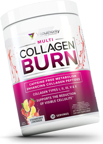 Multi Collagen Burn MultiType Hydrolyzed Collagen Protein Peptides with Hyaluronic Acid Vitamin C SOD B Dimpless Types I II III V and X Collagen CaffeineFree Strawberry Lemonade