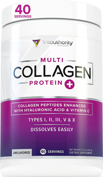 Multi Collagen Peptides Plus Hyaluronic Acid and Vitamin C Hydrolyzed Collagen Proteins Types I II III V and X 40 Servings Unflavored