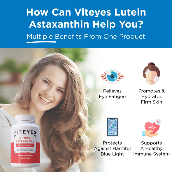 Viteyes Lutein  Astaxanthin  Relieve Eye Fatigue Hydrate  Firm Skin Blue Light Protection Immune Support 20 mg Lutein 4 mg Astaxanthin Eye Vitamins Doctor Trusted Brand 30 Capsules