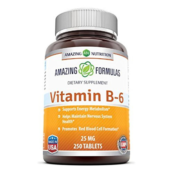 Amazing Nutrition Vitamin B6 Dietary Supplement – 25 Mg, 250 Tablets (Non-Gmo,Gluten Free) – Supports Healthy Nervous System, Metabolism & Cell Health