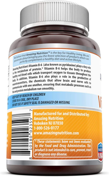 Amazing Nutrition Vitamin B6 Dietary Supplement – 25 Mg, 250 Tablets (Non-Gmo,Gluten Free) – Supports Healthy Nervous System, Metabolism & Cell Health