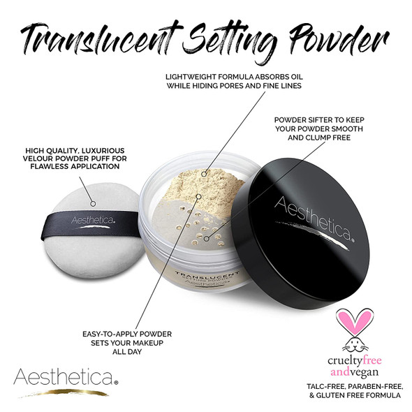 Aesthetica Translucent Setting Powder  Matte Finishing Makeup Loose Setting Powder  Flash Friendly Translucent Powder Foundation - Loose Face Powder Includes Velour Puff