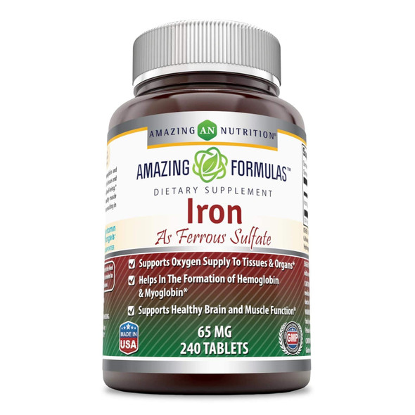 Amazing Formulas Ferrous Sulfate 65 Mg 240 Tablets -Iron As Ferrous Sulfate for Better Absorption- Supports Oxygen Supply to Tissues and Organs-Supports Healthy Brain and Muscle Function