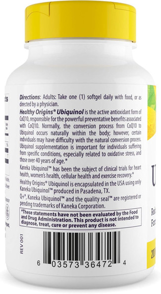 Healthy Origins Ubiquinol Active Form of CoQ10  200 mg Ubiquinol Supplements for Heart Health and Antioxidant Support Gluten Free and Non GMO Supplement 60 Softgels