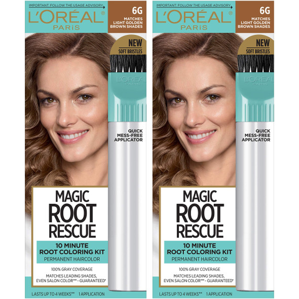 L'Oreal Paris Magic Root Rescue 10 Minute Root Hair Coloring Kit, Permanent Hair Color with Quick Precision Applicator, 100% Gray Coverage, 6G Light Golden Brown, 2 count