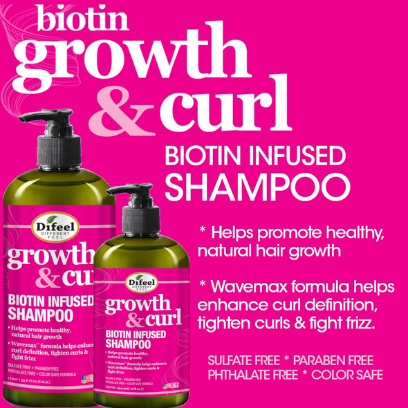 Difeel Growth and Curl Biotin Shampoo 12 oz. - Curly Hair Shampoo for Hair Growth, Natural Curl Shampoo