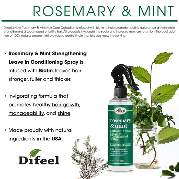 Difeel Rosemary and Mint Strengthening Leave-In Conditioning Spray with Biotin 6 oz. - Made with Natural Mint & Rosemary Oil for Hair Growth