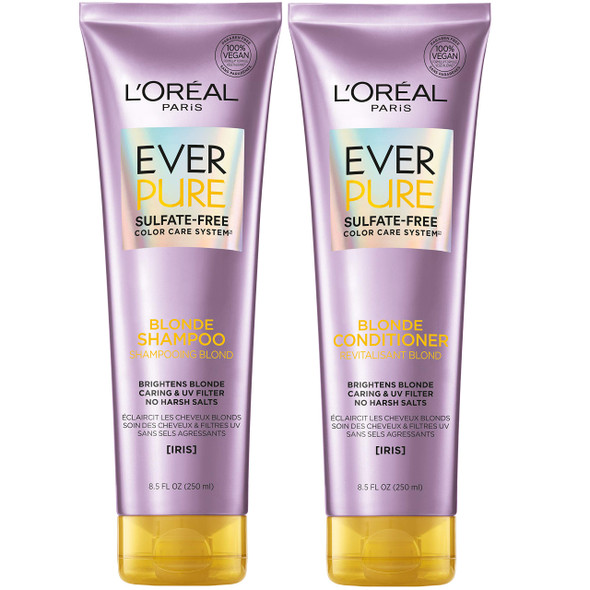 L'Oreal Paris Hair Care EverPure Blonde Sulfate Free Shampoo and Conditioner Kit for Color-Treated Hair, Neutralizes Brass + Balances, For Blonde Hair, Combo (8.5 Fl; Oz each) (Packaging May Vary)