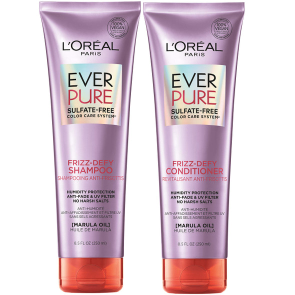 L'Oreal Paris Hair Care EverPure Frizz Defy Sulfate Free Shampoo and Conditioner Kit for Color-Treated Hair, Humidity + Frizz Control, For Frizzy Hair (8.5 Fl; Oz each) (Packaging May Vary)