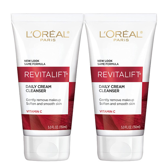 L'Oreal Paris Skincare Revitalift Radiant Smoothing Wet Facial Cream Cleanser with Vitamin C, Gentle Makeup Remover, Face Wash for All Skin Types, 2 count