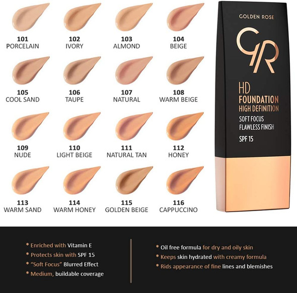 Golden Rose Oil Free HD Foundation With SPF 15-112 Honey