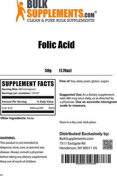BulkSupplements.com Folic Acid (Vitamin B9) Powder - Folate Supplement - Folic Acid 800mcg (50 Grams)