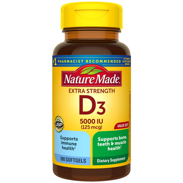 Nature Made Extra Strength Vitamin D3 5000 IU (125 mcg), 180 Softgels Value Size, High Potency Vitamin D Helps Support Immune Health, Strong Bones and Teeth, & Muscle Function