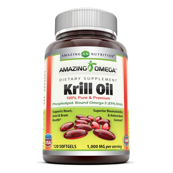 Amazing Omega Krill Oil with Omega 3s EPA, DHA Phospholipids and Astaxanthin 1000mg per Serving 120 softgels (Non-GMO,Gluten Free) - Supports Heart, Joint & Brain Health