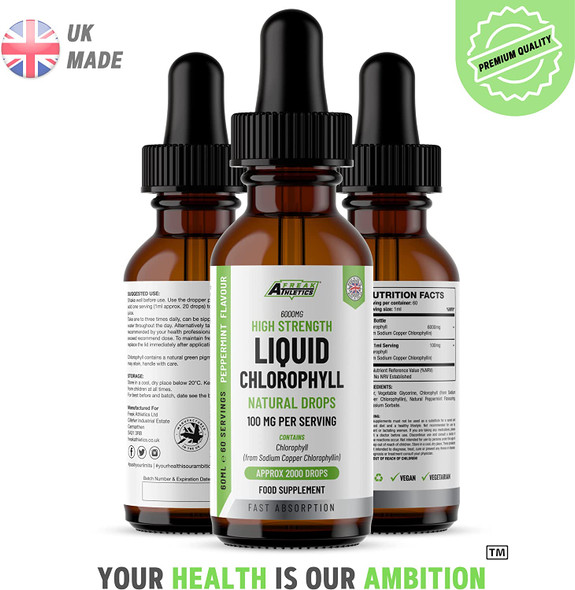 Liquid Chlorophyll Drops for Water - 60ml for 60 Servings - 2 Month Supply of High Strength 100mg Chlorophyll Liquid Drink - Made in UK