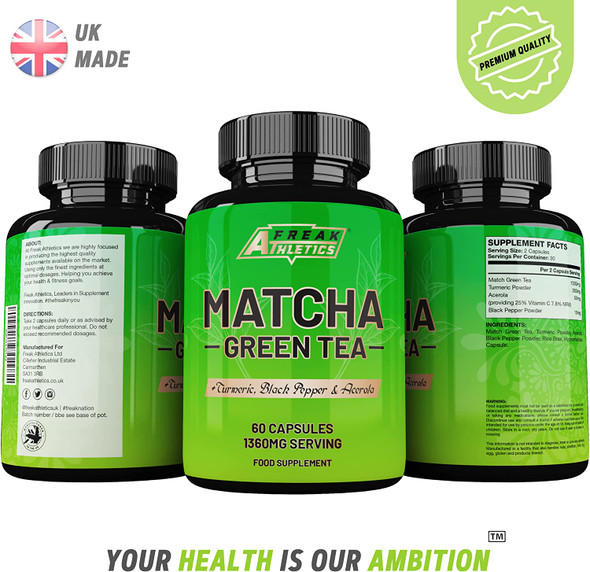 Matcha Green Tea 60 Capsules - Matcha Green Tea Tablets - Boosted with Turmeric, Acerola Cherry & Black Pepper