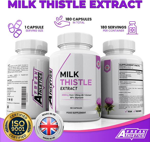 Milk Thistle 180 Capsules - 5000mg 80% Silymarin High Strength - 6 Months Supply One A Day Milk Thistle Supplements - Vegan Made in The UK