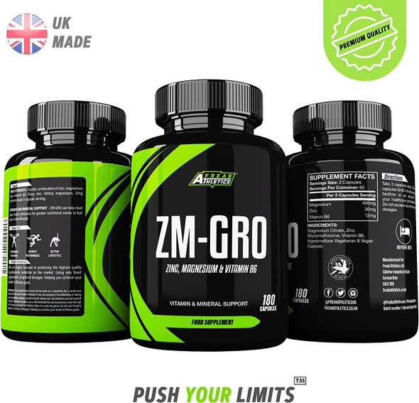 ZM-GRO - Zinc, Magnesium & Vitamin B6 ZMA 180 Capsules - Helps Support Testosterone - Promotes Muscle Strength, Recovery, Energy & Better Sleep - UK Made ZMA Tablets