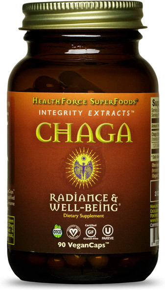 HealthForce SuperFoods Integrity Extracts Chaga - 90 VeganCaps - Wild Chaga Mushroom - Skin, Hair & Nail Health, Immune Support, Antioxidant - Certified Organic, Vegan, Kosher, Gluten Free