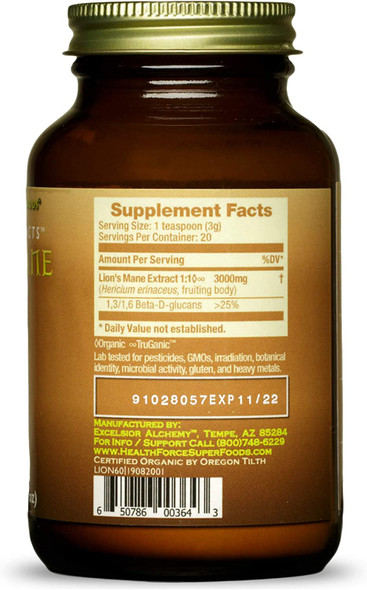 HealthForce SuperFoods Integrity Extracts Lion's Mane - 60 Grams - Organic Mushroom Powder - Boosts Energy & Immune System, Supports Memory & Cognitive Function - Vegan, Gluten Free - 20 Servings