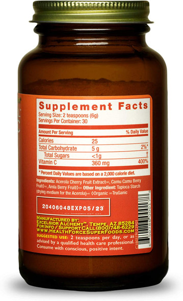 HealthForce SuperFoods Truly Natural Vitamin C - 180 Grams - Whole Food Vitamin C Complex from Acerola Cherry Powder - Immune Support - Vegan, Gluten Free - 30 Servings