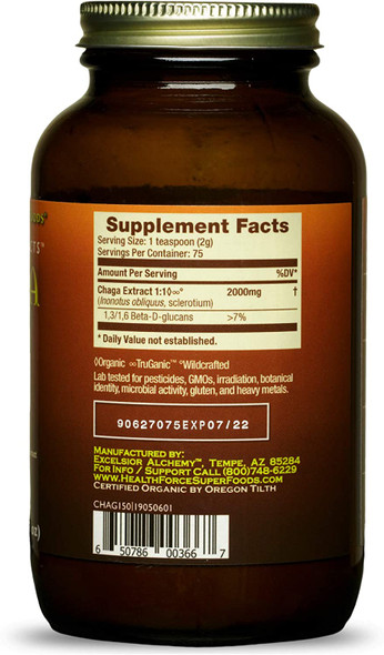 HealthForce SuperFoods Integrity Extracts Chaga - 150 Grams - Organic Mushroom Powder - Antioxidant Benefits for Skin, Hair & Nail Health - Boosts Immune System - Vegan, Gluten Free - 75 Servings