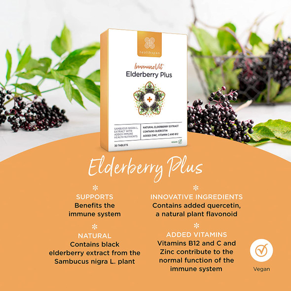 Healthspan Black Elderberry Extract 200mg with Quercetin | 30 Tablets | Support Your Immune System | Natural Plant Flavonoid Quercetin | Added Vitamin B12, Vitamin C & Zinc | Vegan