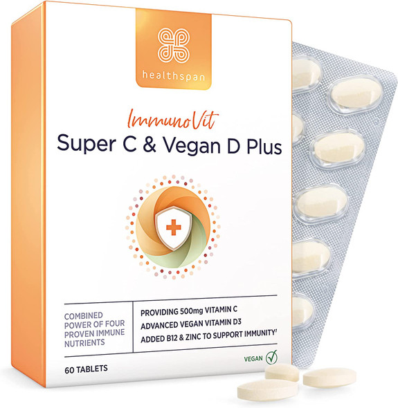 Healthspan Vitamin C & Vegan Vitamin D3 | 60 Tablets | Support Immune Health | Added Vitamins B12 & Zinc | 500mg Vitamin C & 15g Vitamin D3 | Vegan