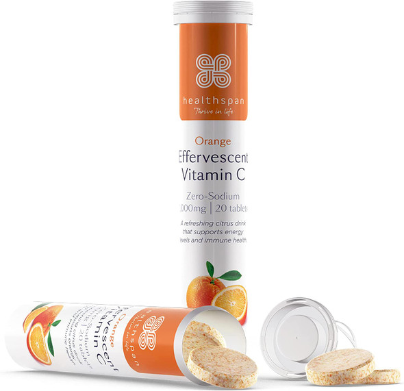 Healthspan Orange Effervescent Vitamin C 1,000mg (40 Tablets) | Supports Immune & Nervous Systems | Maintain Good Energy Levels | Zero-Sodium to Help Maintain Normal Blood Pressure | Vegan